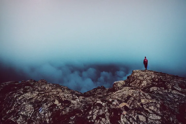 Image similar to gigachad on top of a tall mountain, blue fog, tornadoes surrounding, film photography, soft lighting, vignette