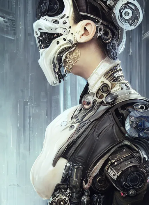 Image similar to a cyborg with mask, black leather garment with art nouveau ivory accessories, cyberpunk, darksynth, luxury, concept art by jama jurabaev, extremely detailed, ominous, ethereal, artstation, andree wallin, edvige faini, balaskas, alphonse mucha