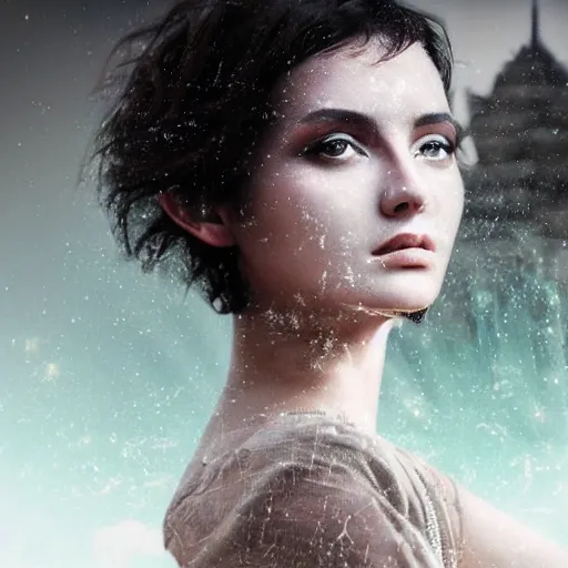 Image similar to double exposure portrait of a beautiful short dark haired feminine queen looking away, over the desertic city of a thousand temples, by leonard de vinci, digital art