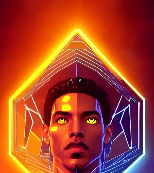 Prompt: symmetry!! egyptian king of technology, solid cube of light, hard edges, product render retro - futuristic poster scifi, lasers and neon circuits, brown skin handsome egyptian king, intricate, elegant, highly detailed, digital painting, artstation, concept art, smooth, sharp focus, illustration, dreamlike, art by artgerm