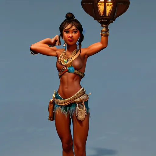 Prompt: a short young genie, with spikey short brown hair, brown skin, abs, a confident smile, emerging from her lamp and flexing her bicep, trending on artstation, 4k, hyperrealistic, focused, extreme details, unreal engine 5, cinematic, masterpiece
