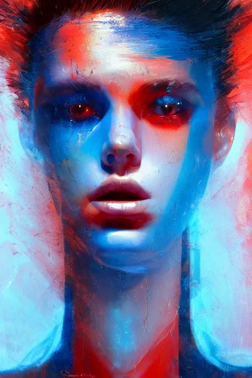 Image similar to 3 d, sci - fi, sun rays, sleepy fashion model face, blue faces, cinematic, vogue cover style, poster art, light red and deep blue mood, realistic painting, intricate oil painting, high detail, figurative art, multiple exposure, poster art, 3 d, by tooth wu and wlop and beeple and greg rutkowski