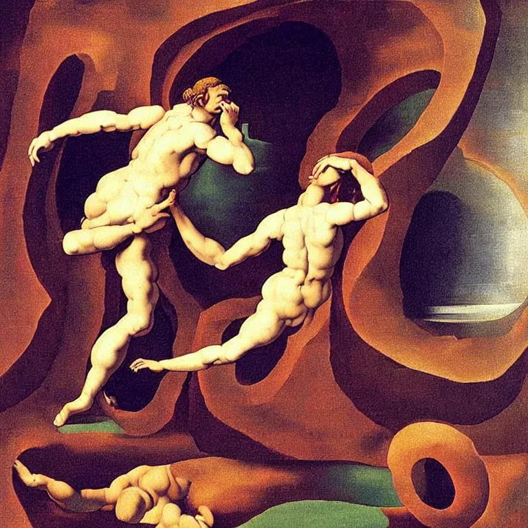 Image similar to optical illusion painting of a couple dancing in a worm hole, illusionism, mind blow, by michelangelo and salvador dali, detailed