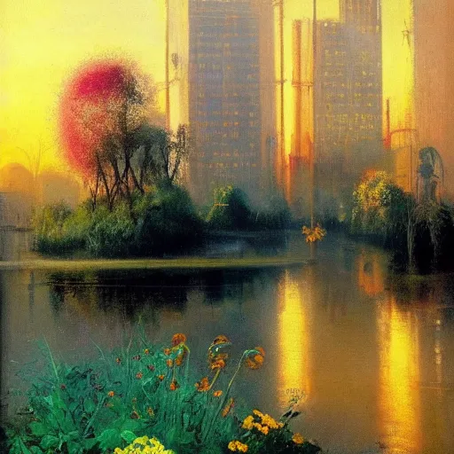 Image similar to a very beautiful eco - friendly environmental future city cityscape, lots of plants and flowers, sunrise, style of olidon redon