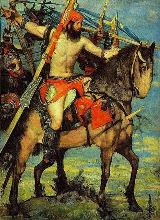 Image similar to warrior inspired a painting Heroes (Bogatyri) Viktor Vasnetsov