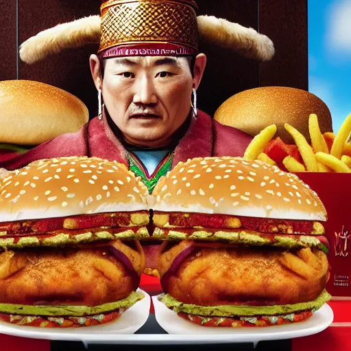Image similar to genghis khan in mcdonalds, very detailed, photography