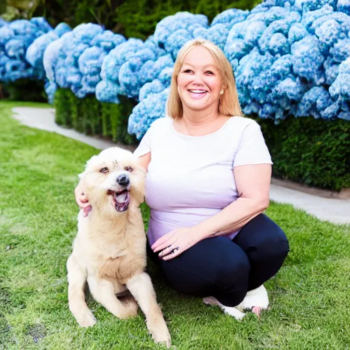 Image similar to 5 0 year old mildly overweight blonde woman, welcoming grin, wearing black, surrounded by hydrangeas, small white dog at her side, portrait, headshot, detailed, high quality