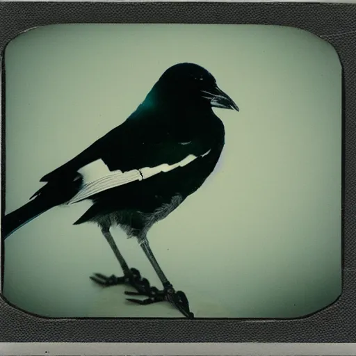 Prompt: polaroid photograph of a cyberpunk magpie