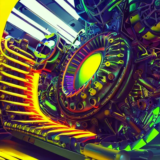 Image similar to album art, album is called tripmachine, photo of a huge futuristic dieselpunk engine inside a machinery, 8 k, fluorescent colors, halluzinogenic, multicolored, exaggerated detailed, front shot, 3 d render, octane