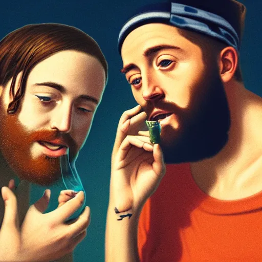 Image similar to a ultra detail picture portrait of Mac Miller and Jesus smoking a joint in heaven, 8k, photorealistic