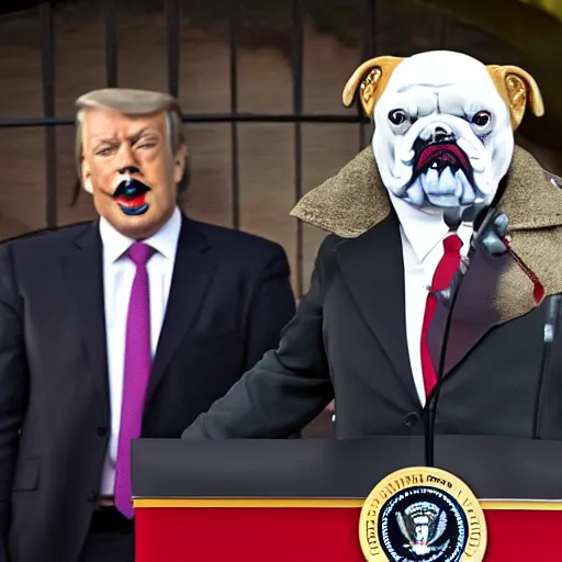 Prompt: a president with clown bulldog face in a podium next to an angry first minister