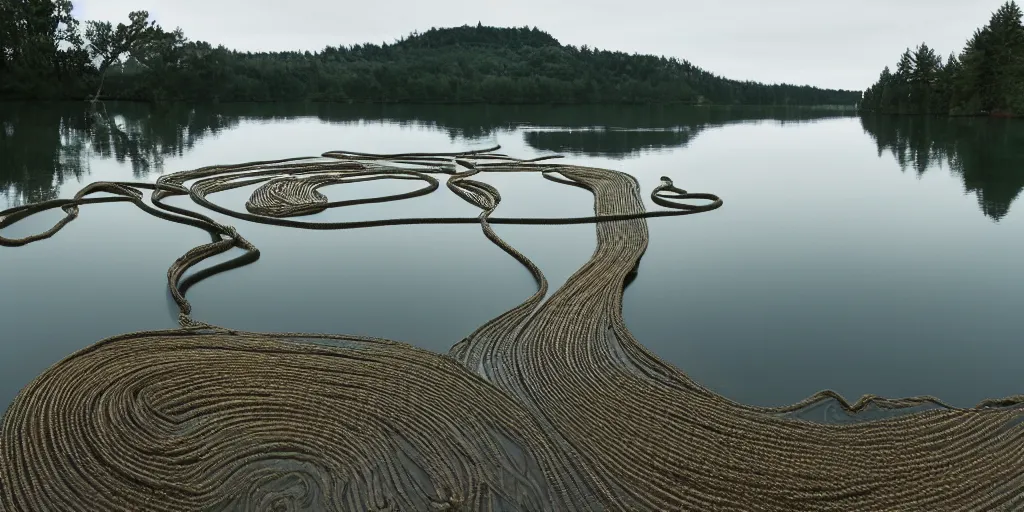 Prompt: centered photograph of a single thick long rope zig zagging winding across the surface of the water into the distance, floating submerged rope stretching out towards the center of the lake, a dark lake on a cloudy day, color film, a wet shore in foreground and trees in the background, hyper - detailed photo, anamorphic lens