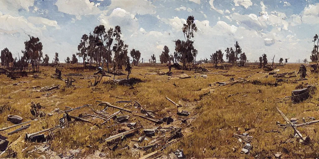 Image similar to aftermath of a battle on the Eastern Front, WW2, sunny day, craters and trenches, painting by Isaac Levitan