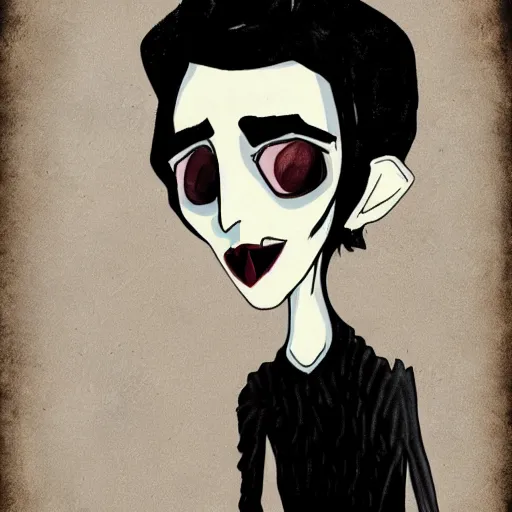 Image similar to young man portrait, black hair, skinny, sleep deprived, corpse bride art style