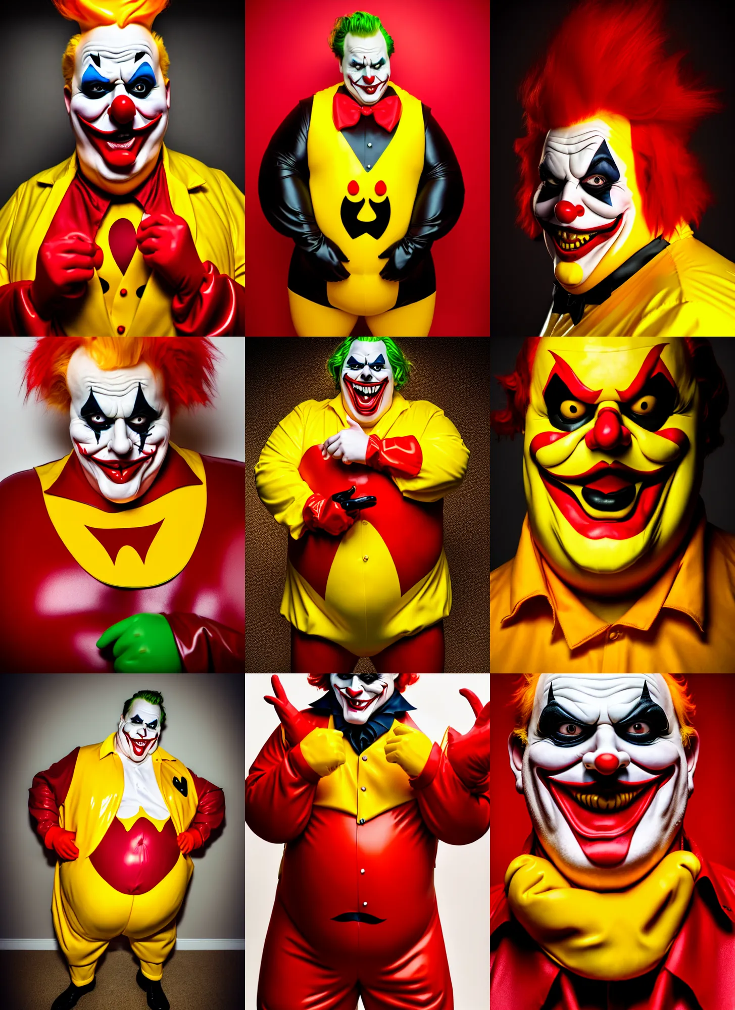 Prompt: Portrait of very fat sinister looking joker dressed in yellow and red rubber latex Ronald Macdonalds costume, red hair, cinematic lighting, 4k