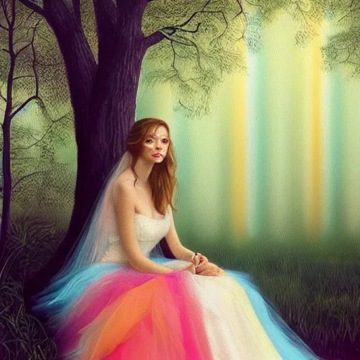 Image similar to a masterpiece portrait of a sad angel sitting in a colorful forest in a long rainbow wedding gown