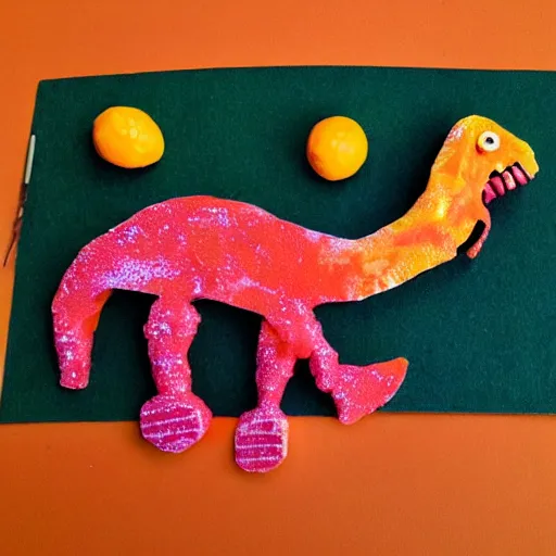 Prompt: a dinosaur made with tangerine segments