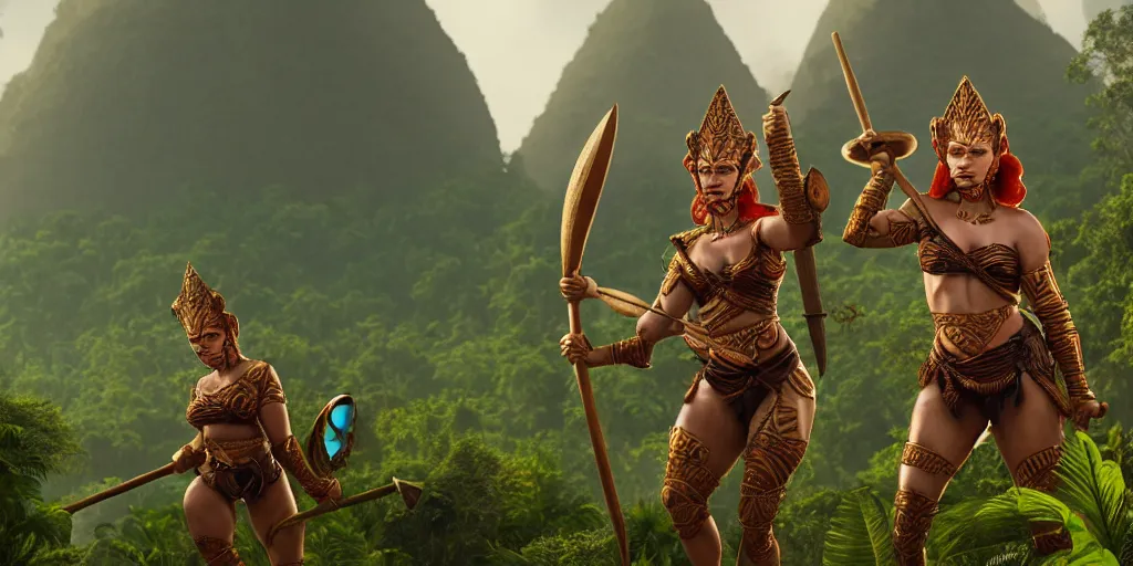 Image similar to armoured ginger dwaven women wielding a hammer and shield, jungle clearing, awesome floating mountain in the shape of a human heart. 4k realism distant landscape