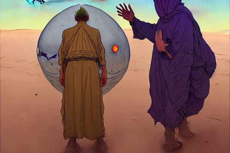 Image similar to a hyperrealist watercolour character concept art portrait of a middle eastern merchant keeling down in prayer in front of a lovecraftian alien with 1 2 eyes on a misty night in the desert. a ufo is in the background. by rebecca guay, michael kaluta, charles vess and jean moebius giraud