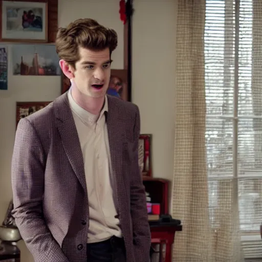 Image similar to film still of Andrew Garfield as Hughie Campbell in the Boys (2022 show) talking to Homelander