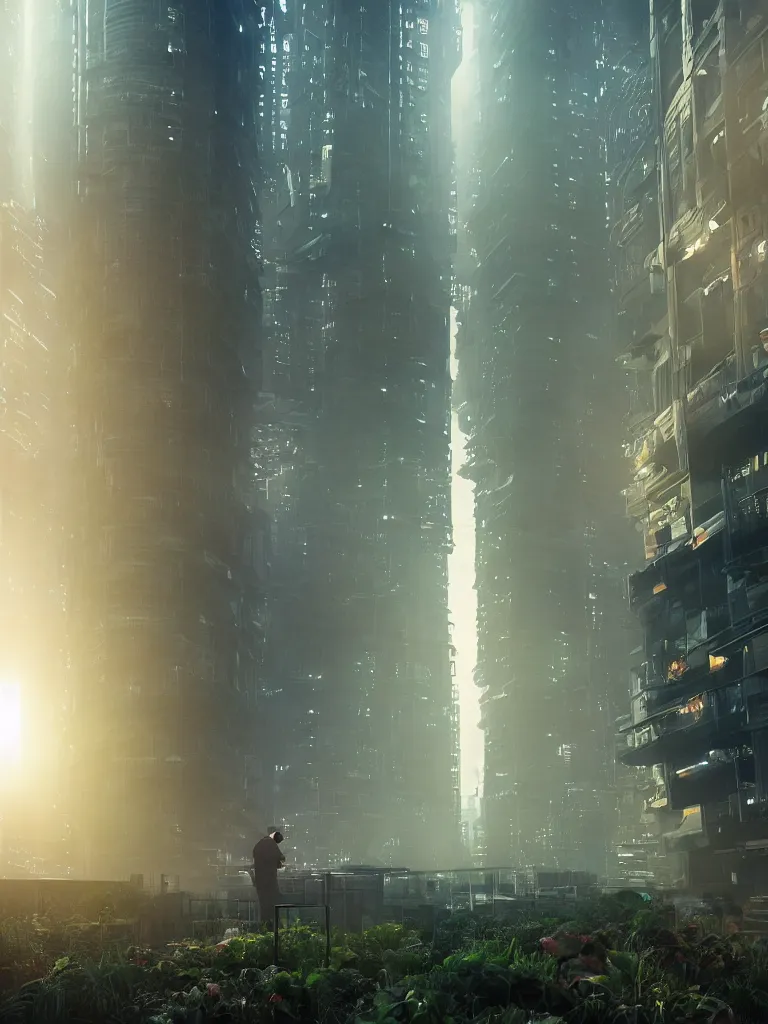 Image similar to farmer at his futuristic vertical farm growing food in a cyberpunk high rise in blade runner, 3 point perspective, atmospheric, morning light, foggy, ultra - hd, ultra - realistic