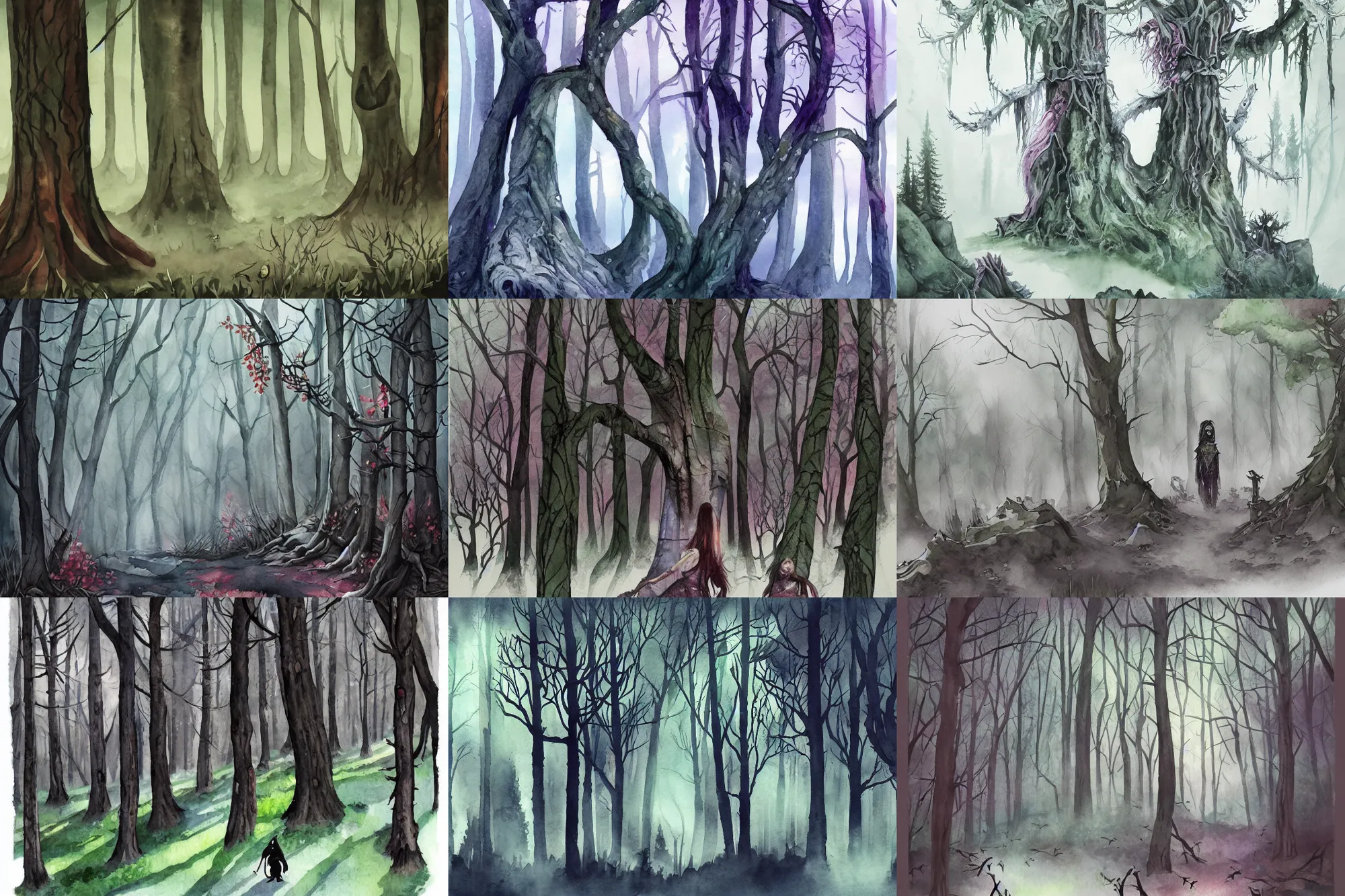 Prompt: Goth forest, high quality watercolors, award winning, trending on ArtStation