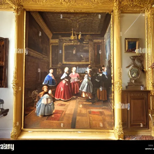 Image similar to oil canva family portrait in the main room of the castle painted in 1 6 5 6, dark room, one point of light coming through the window inspired by las meninas, spaces between subjects, detailed and realistic faces for each person in the canva, inspired by diego velasquez better quiality