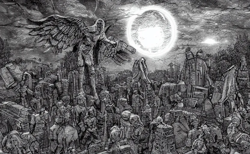 Image similar to weeping angels battle an army of robots in graveyard at night, by jim lee, moonlight, panoramic view, digital coloring