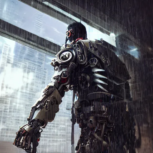 Image similar to Full lenght view contamporary art photography of ultra mega super hyper realistic detailed warmachine by Hiromasa Ogura . Photo on Leica Q2 Camera, Rendered in VRAY and DaVinci Resolve and MAXWELL and LUMION 3D, Volumetric natural light. Wearing cyberpunk suit with many details by Hiromasa Ogura .Rendered in VRAY and DaVinci Resolve and MAXWELL and LUMION 3D, Volumetric natural light