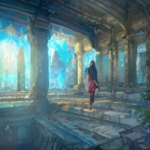 Prompt: a dream temple environment where one draws mystical energy into their heart, the walls are covered in heartfelt murals from first - class artists, background art, pristine concept art, symmetrical, in the style of wlop and ross tran