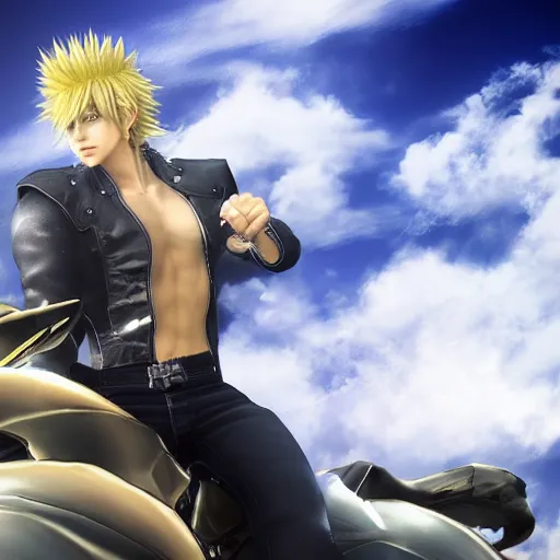 Prompt: dio brando in final fantasy style riding cloud\'s motorcycle, HD