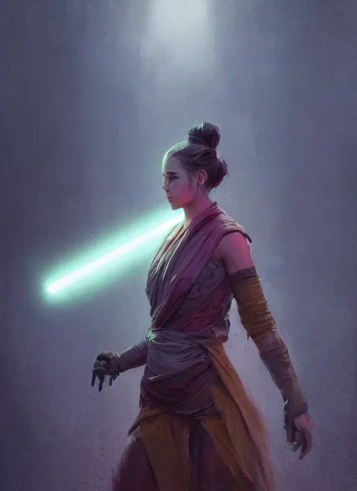 Image similar to female jedi, beautiful face, neon, rule of thirds, intricate outfit, spotlight, by greg rutkowski, by jeremy mann, digital painting