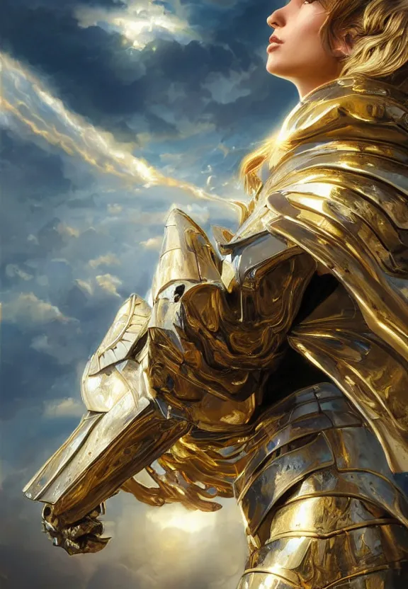 Image similar to A beautiful fierce photogenic angel wearing metallic battle armor, posing heroically with heavenly sunlit clouds in the background, close-up shot, elegant, digital painting, golden hour, cinematic, epic, trending on artstation, concept art, smooth, sharp focus, illustration, art by artgerm and Greg Rutkowski and Alphonse Mucha