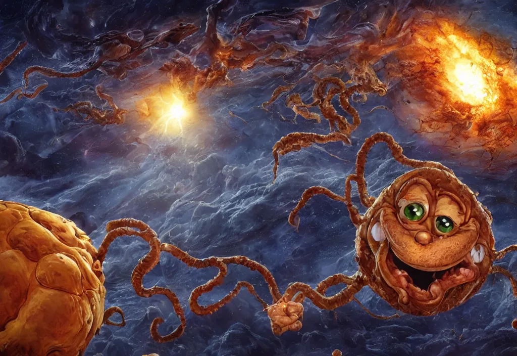 Image similar to eldritch horror bloody garfield in space, hd, 8 k, giant, epic, realistic photo, unreal engine, prophecy, powerful, cinematic lighting, destroyed planet, debris, violent, sinister, ray tracing, dynamic, epic composition, dark, horrific, teeth, grotesque, monochrome drawing, hellscape, corpses, foreboding, lightning, garfield cartoon eyes