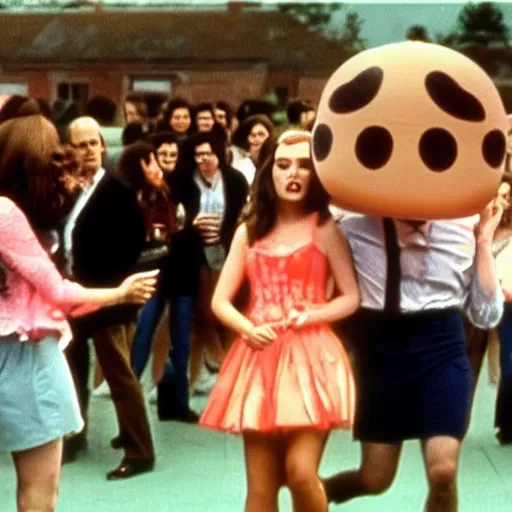 Image similar to live-action film a teenage girl with an inflatable cartoon head at the prom, and other students are laughing at her on the dancefloor, john waters film, 1974, technicolor