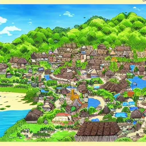 Image similar to village by a river in the style of Eiichiro Oda