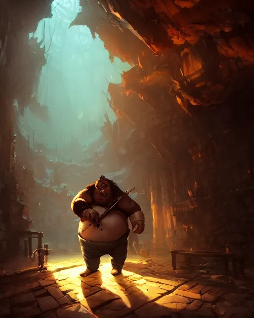 Image similar to a fat short orc holding a barbed club standing in a dungeon. atmospheric lighting, 8 k, octane render. by makoto shinkai, stanley artgerm lau, wlop, rossdraws, james jean, andrei riabovitchev, marc simonetti, krenz cushart, sakimichan, d & d trending on artstation, digital art.