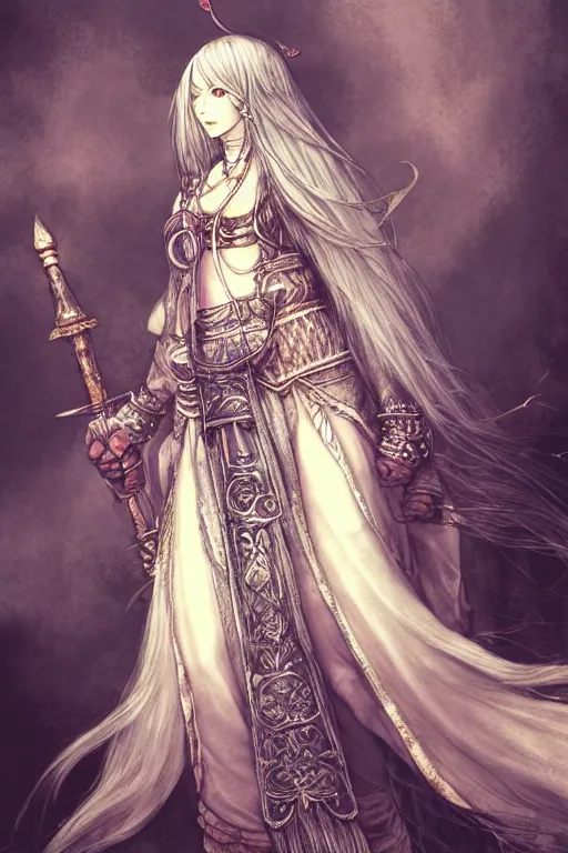 Image similar to A full body portrait of a female priestess with long silver hair by Akihiko Yoshida, fantasy, very detailed, matte, gaussian blur, tone mapping