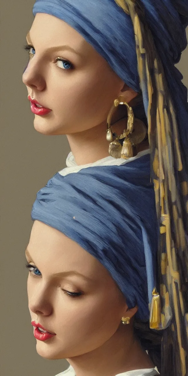 Image similar to Taylor Swift as the girl with the pearl earring, highly detailed, digital painting, artstation, concept art, smooth, sharp focus, illustration, ArtStation, art by artgerm and greg rutkowski and alphonse mucha and J. C. Leyendecker and Edmund Blair Leighton and Katsuhiro Otomo and Geof Darrow and Phil hale and Ashley wood and Ilya repin and Charlie Bowater