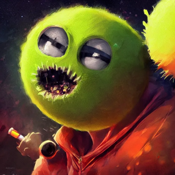 Image similar to cinematic portrait of a cute tennis ball monster in the abyss of space, chalk, masterpiece, trending on artstation, featured on pixiv, cinematic composition, dramatic pose, beautiful lighting, sharp details, hyper-detailed, HD, HDR, 4K, 8K, art by Basil Gogos