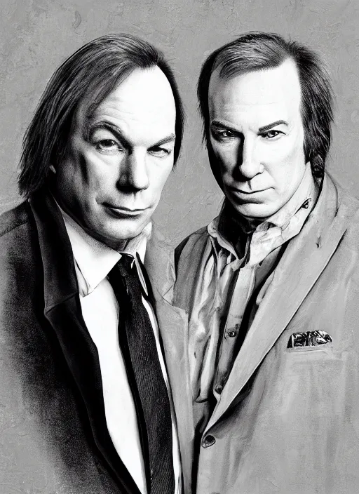 Prompt: portrait of michael mckean and bob odenkirk, baroque portrait, realistic, serious, dark backround