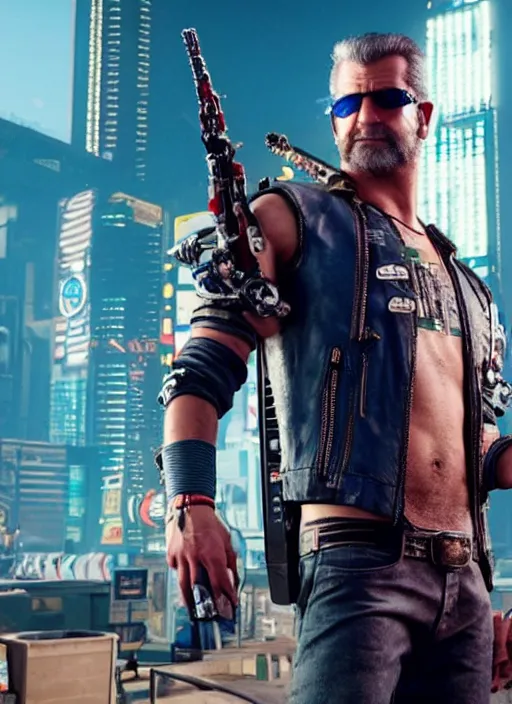 Image similar to film still of Mel Gibson as Johnny Silverhand in Cyberpunk 2077, gameplay, 8k, HD