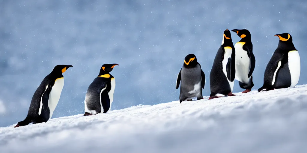 Prompt: ultrawide angle photograph of three penguins doing tricks on snowboards, 8 k