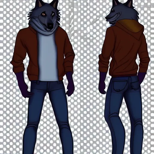 Image similar to anthro!! male wolf, casual attire, digital art, full body