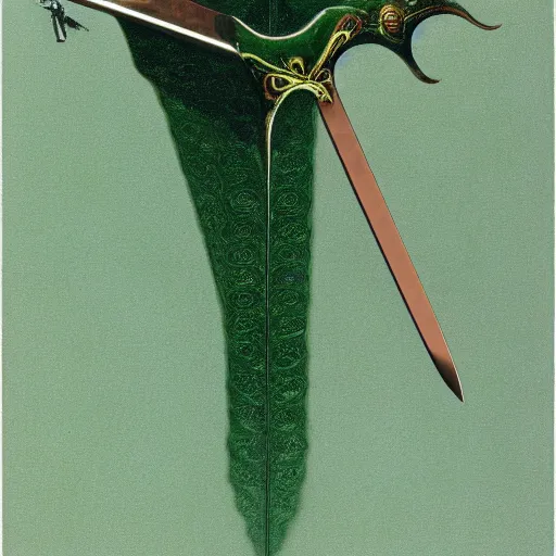 Image similar to diagram of a sword in the style of zdzisław beksinski, elegant, copper and emerald, flower petals