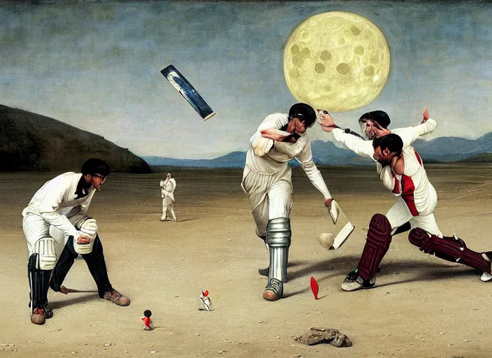 Image similar to a cricket match on the moon by edgar maxence and caravaggio and michael whelan and delacroix style, artistic, intricate painting, cinematic lighting, hyper realistic, extremely detailed, establishing shot, 8 k resolution, dramatic lighting