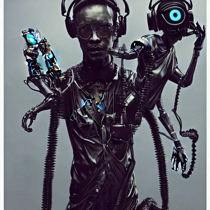 Image similar to cyberpunk black man at 20s with robot eyes, short hair, tiny thin mustache, thin face, wearing headphones, holding a big camera, by Wayne Barlowe by peter Mohrbacher by Giger, dressed by Alexander McQueen and by Neri Oxman, metal couture hate couture editorial