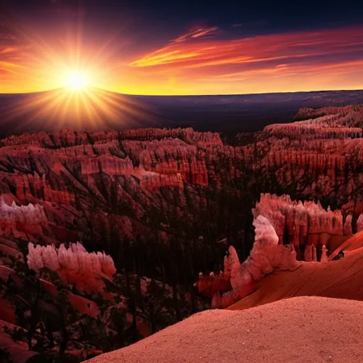 Image similar to sunset light landscape with bryce canyon, lots of sparkling details and sun ray ’ s, blinding backlight, smoke, volumetric lighting, colorful, octane, 3 5 mm, epic colored reflections, very colorful heavenly, softlight