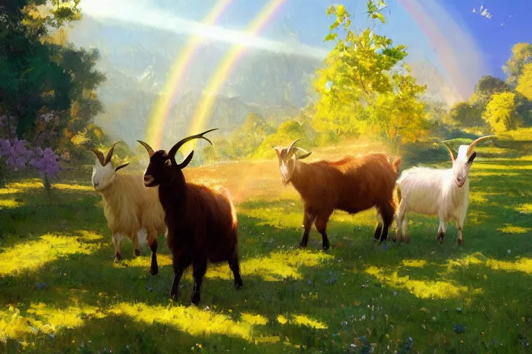 Image similar to goat surrounded by rainbows with his goat friend, marijuana trees, sakura trees, sakura season dynamic lighting, landscape, artwork by jeremy lipkin and giuseppe dangelico pino and michael garmash and rob rey and greg manchess and huang guangjian and makoto shinkai, pixiv, 1 0 0 mm