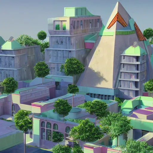 Prompt: photorealistic arcology, terraced, large building, single building, pastel paint scheme, colorful, pyramid, trees